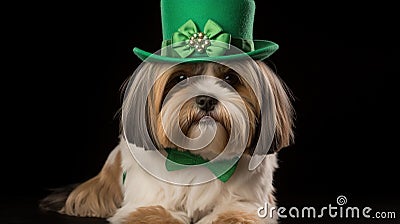 Yorkshire terrier in a hat. Portrait of a dog dressed as a leprechaun. Stock Photo