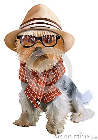 Yorkshire Terrier in a hat. Watercolor painting Stock Photo