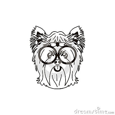 Yorkshire terrier head wearing glasses isolated on white background. Cartoon yorkie dog puppy icon vector. Hand drawn Cartoon Illustration