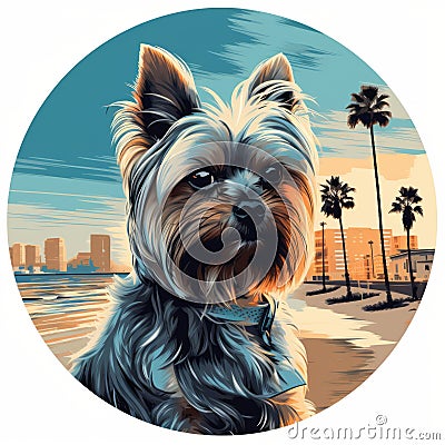 Yorkshire Terrier At Manhattan Beach: Tonalism-inspired Circle T-shirt Design Stock Photo