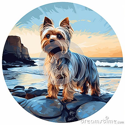 Yorkshire Terrier Painting Kit: Dog On The Beach At Sunset Stock Photo