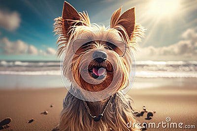 Yorkshire Terrier Pleasant Pet Playtime at the Sea Sand Sun Beach, A Dog Savoring the Simple Joys Stock Photo
