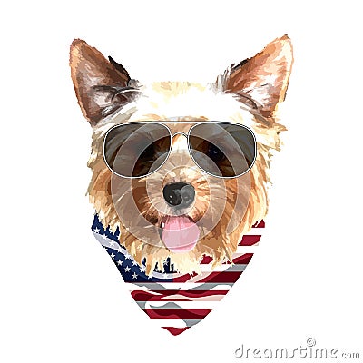 Yorkshire Terrier portrait, Cute cool dog in glasses and USA flag bandana, Vector illustration Vector Illustration