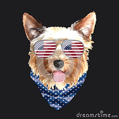 Yorkshire Terrier portrait, Cute cool dog in USA flag glasses and bandana, Vector illustration Vector Illustration