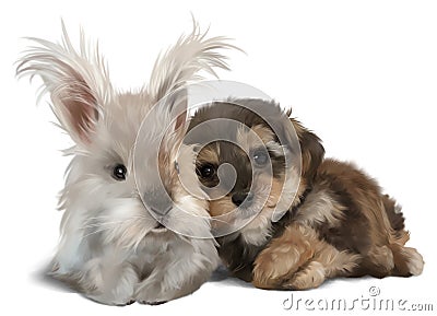 The Yorkshire Terrier and the white rabbit Stock Photo