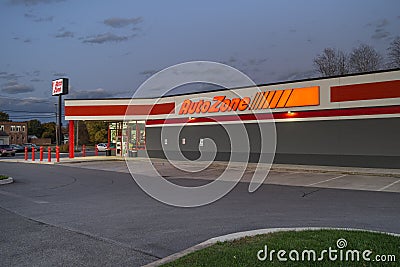 Yorkville, New York - Oct 23, 2019: Night view of AutoZone, the second largest aftermarket automotive parts and accessories Editorial Stock Photo