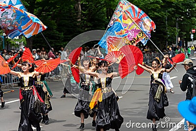 YOSAKOI Soran Festival. Powerful dance performances parade in Odori Park, Sapporo City. Editorial Stock Photo