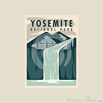 yosemite national park poster vector illustration template graphic design. waterfall in nature with mountain landscaped banner and Vector Illustration