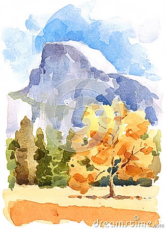 Yosemite National Park Watercolor Illustration Hand Drawn Cartoon Illustration