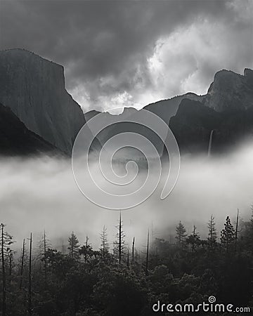 Photo of Black and White Yosemite Tunnel View Obscured by Heavy Fog with Stormy Dark Grey Clouds Approaching Stock Photo