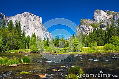 Yosemite Valley with El Capitan Rock and Bridal Veil Waterfalls Stock Photo