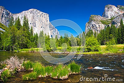 Yosemite Valley with El Capitan Rock and Bridal Veil Waterfalls Stock Photo