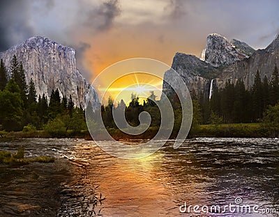 Yosemite Valley Sunset View Stock Photo