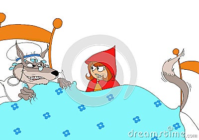 Little Red Riding Hood questioning the ferocious wolf disguised as her grandmother Cartoon Illustration