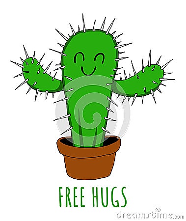 Funny illustration of a cactus full of spikes saying he gives free hugs Cartoon Illustration