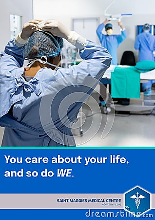 You care about your life so do we text, medical centre name and logo over diverse surgeons at work Stock Photo