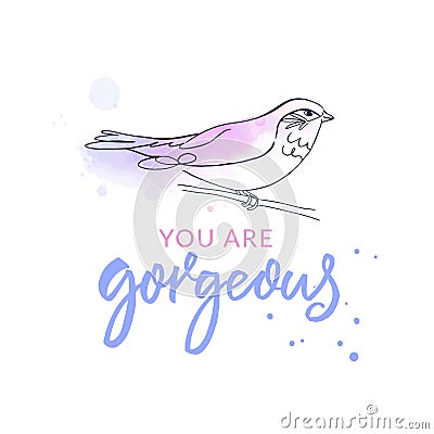 You are gorgeous inspirational quote bird watercolor deign for cards, t shirt print Vector Illustration