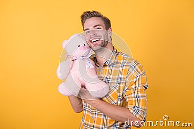 This is for you. happy birthday to you. happy valentines day. inspired to play. teddy bear toy pleasant surprise. his Stock Photo