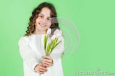 For you. happy womens day. international childrens day. mothers day concept. cheerful little girl with curly hair Stock Photo