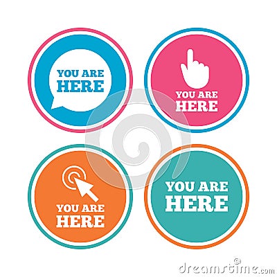 You are here icons. Info speech bubble sign. Vector Illustration