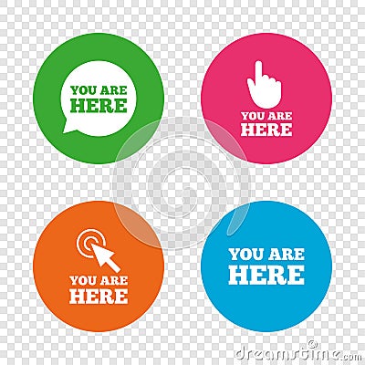 You are here icons. Info speech bubble sign. Vector Illustration