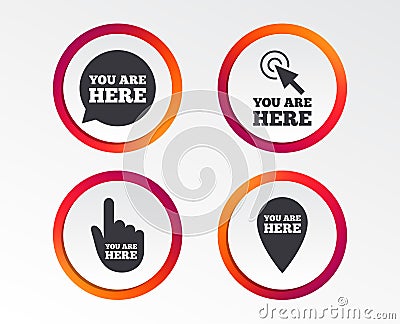 You are here icons. Info speech bubble sign. Vector Illustration