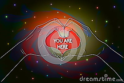 You are here illustration - female hands show heart Cartoon Illustration