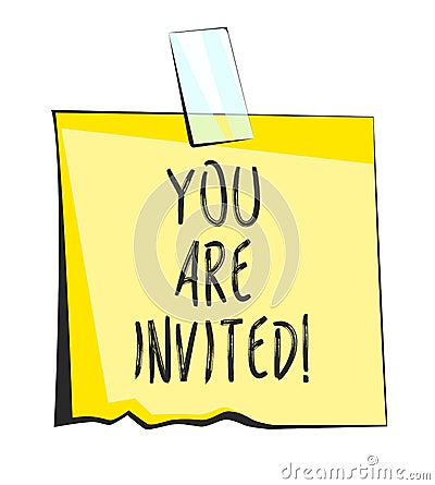 You are invited paper sticky note. Retro reminder sticker Stock Photo