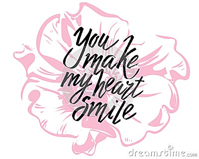 You make my heart smile, hand written lettering. Romantic love calligraphy card inscription Valentine day Stock Photo