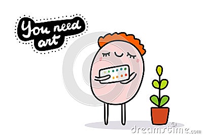 You need art hand drawn vector illustration in cartoon comic style man holding paints Cartoon Illustration