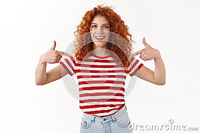 You need me. Proud boastful confident good-looking redhead curly stylish woman pointing herself suggest own candidature Stock Photo