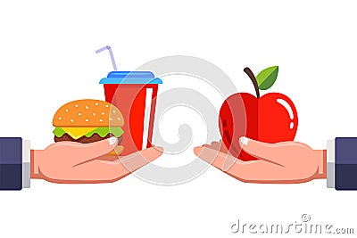 you need to decide either fast food or healthy food. food on the human dodona. Cartoon Illustration