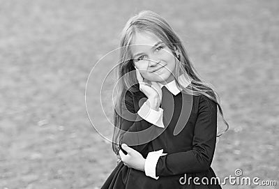 You are a new beauty. Beauty look of small pupil. Happy child wear uniform outdoors. Hair salon. Skincare cosmetics Stock Photo