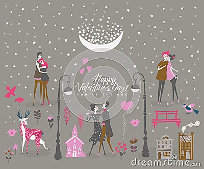 You are the one. Valentines day greeting card in vintage style with cute couples, moon and stars Vector Illustration