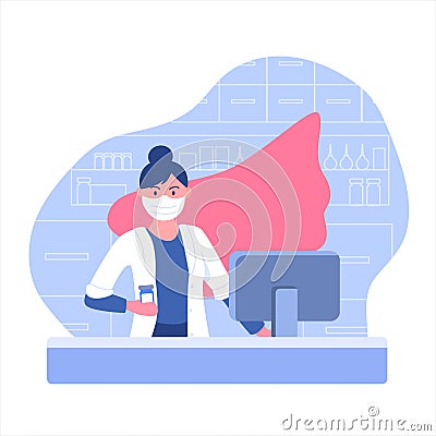 You are our heroes. Pharmacist woman in mask with superhero cloak in pharmacy during quarantine. Apothecary behind Cartoon Illustration