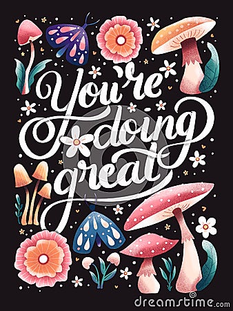 You`re doing great hand lettering card with flowers. Typography and floral decoration with mushrooms and moths on dark background Cartoon Illustration