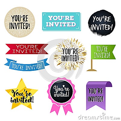 You`re invited badges set. Invitation design. Vector Illustration