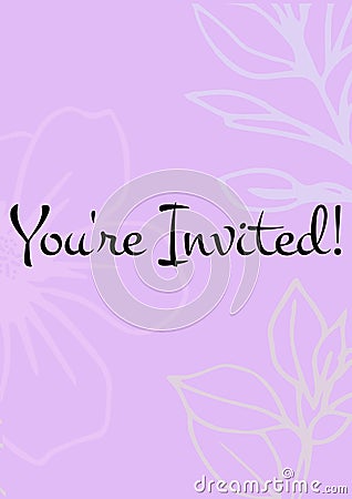 You're invited written in black letters, with white flowers on invite with pink background Stock Photo