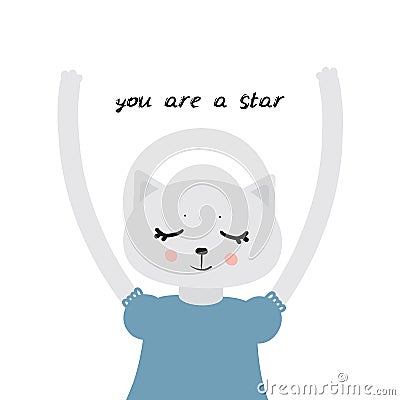 You are a star Kawaii cat girl, closed eyes, pink cheeks, cartoon pet gray blue black isolated on white background. Can be used Vector Illustration
