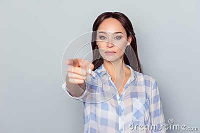 You! Strict, serious, brown haired business lady is choosing you Stock Photo