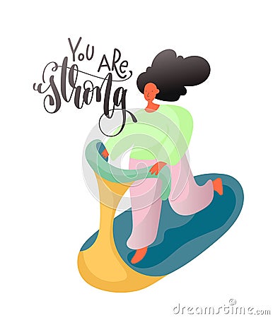 You are strong hand lettering poster with woman characters sport Vector Illustration