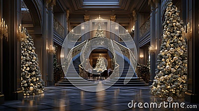 You are welcomed into a world of luxury and holiday cheer by a huge entrance hall decorated Stock Photo