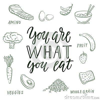 You are what you eat! Calligraphic quote and background about healthy eating. Stock Photo