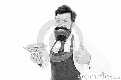 You will like his cooking. Bearded man give thumbs up to dish. Happy cook enjoy cooking food. Confident in his cooking Stock Photo