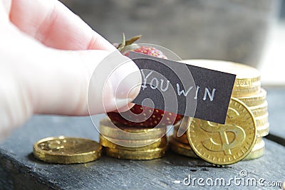 You win concept. Winner congratulations. Sign with the inscription and money. Stock Photo