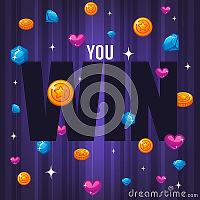 You Win, congratulation bright and glossy banner with hearts, st Vector Illustration