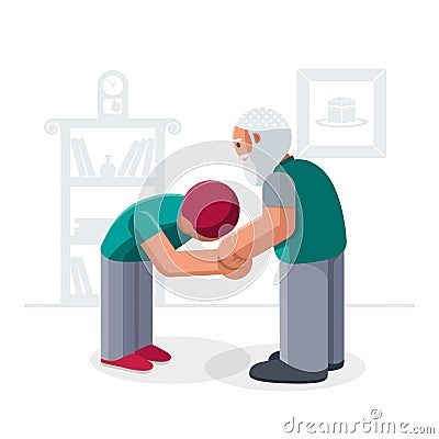 Youn muslim man kissing parents hand. Vector Illustration