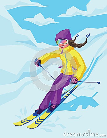 Young active woman skiing in mountains. Vector Illustration