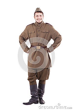 Young actor dressed in military uniforms. Russian Stock Photo