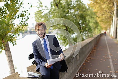 Theatre actor preparing for performance with laptop near Stock Photo